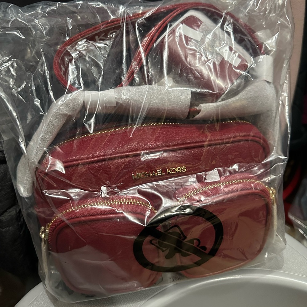 Michael Kors Burgundy Leather Crossbody Bag with Gold Hardware